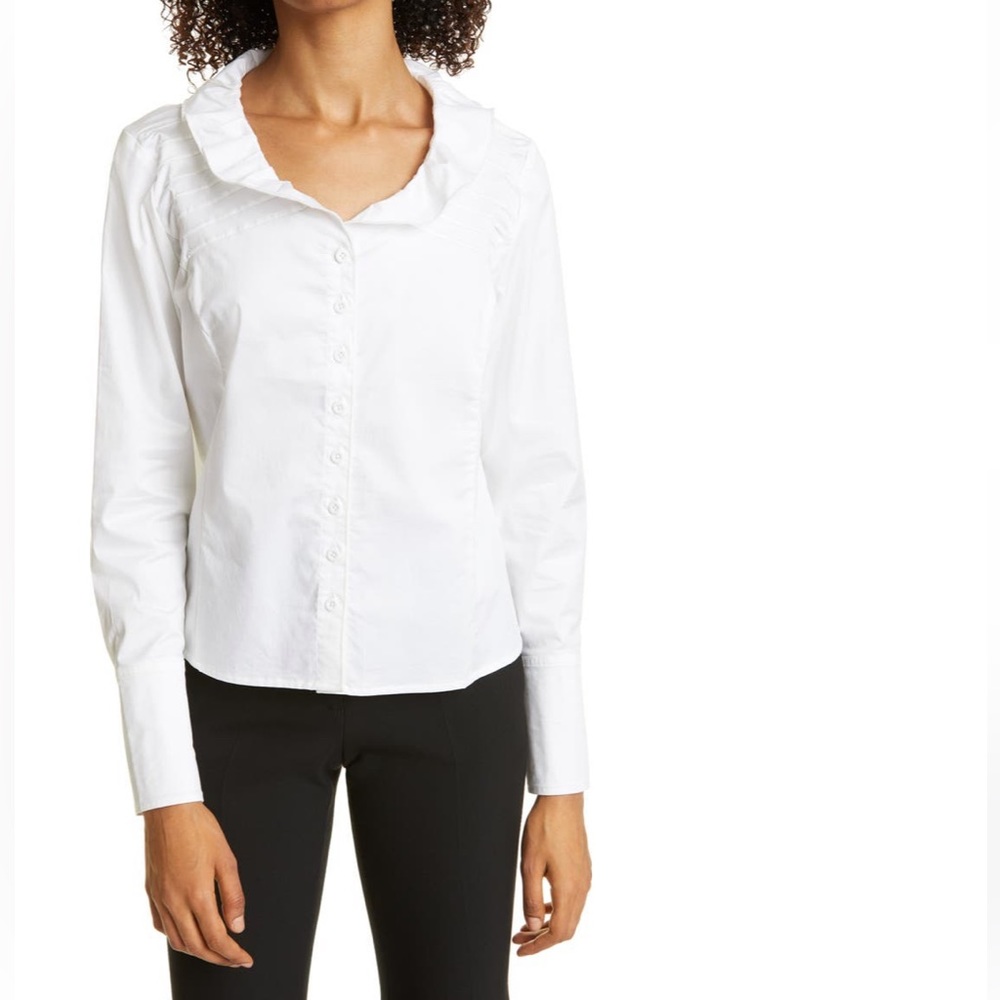 Haute Hippie Ruffle Neck Button-Up Shirt sz L in white